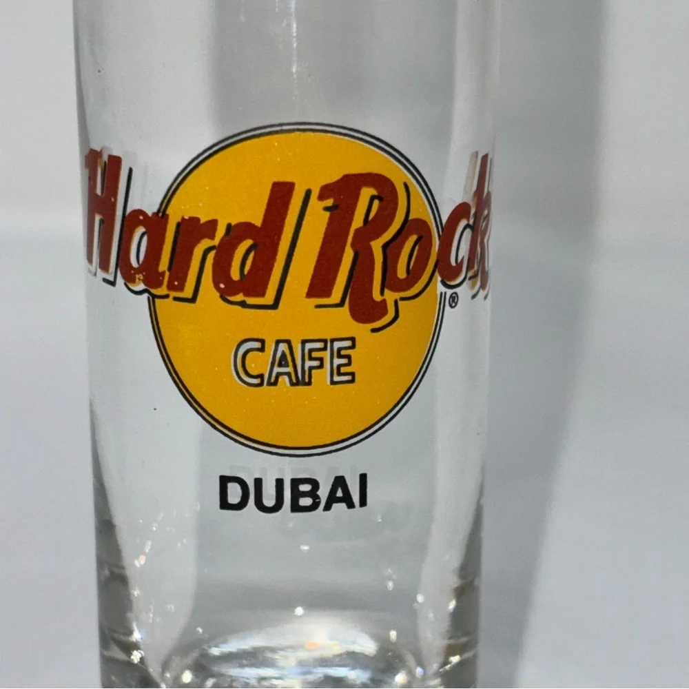 Hard Rock Cafe Dubai HRC Clear Shot Glass with Red and Yellow Logo 4” Tall